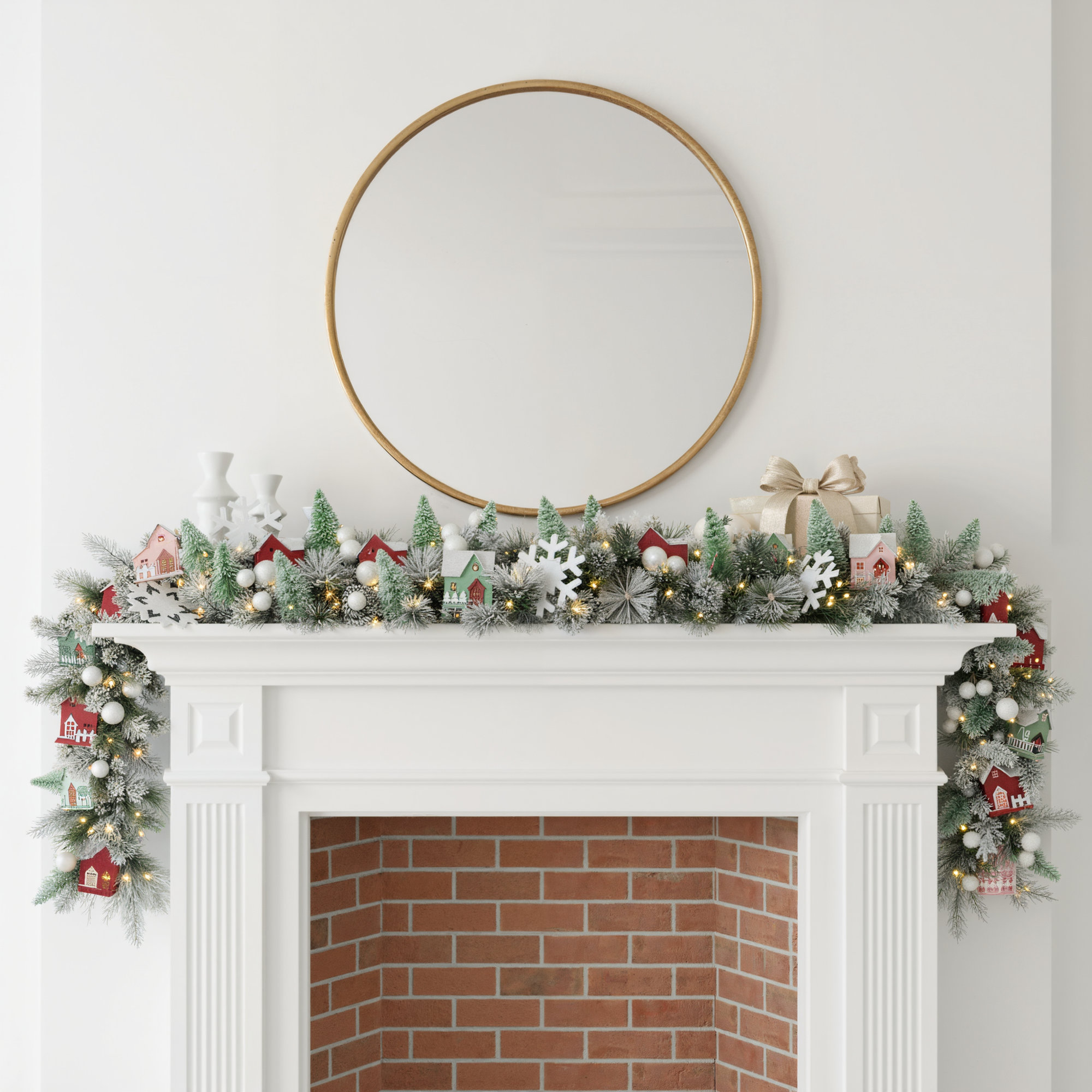 Snowy Cottage 60in Mantel Swag Pre-Lit with 70 LED Fairy Lights B/O