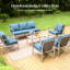Ensemble de mobilier d'extérieur en osier rétro avec coussins bleus et table basse