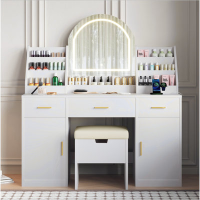 Coiffeuse 47,2 "avec miroir et lumière, coiffeuse avec tabouret de rangement rembourré, coiffeuse avec deux organisateurs, 3 tiroirs et 2 armoires pour la chambre à coucher
