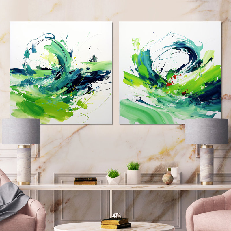 «White and Green Abstract Ink Expression I», ensemble de 2 reproductions d'art sur toile, Toile tendue