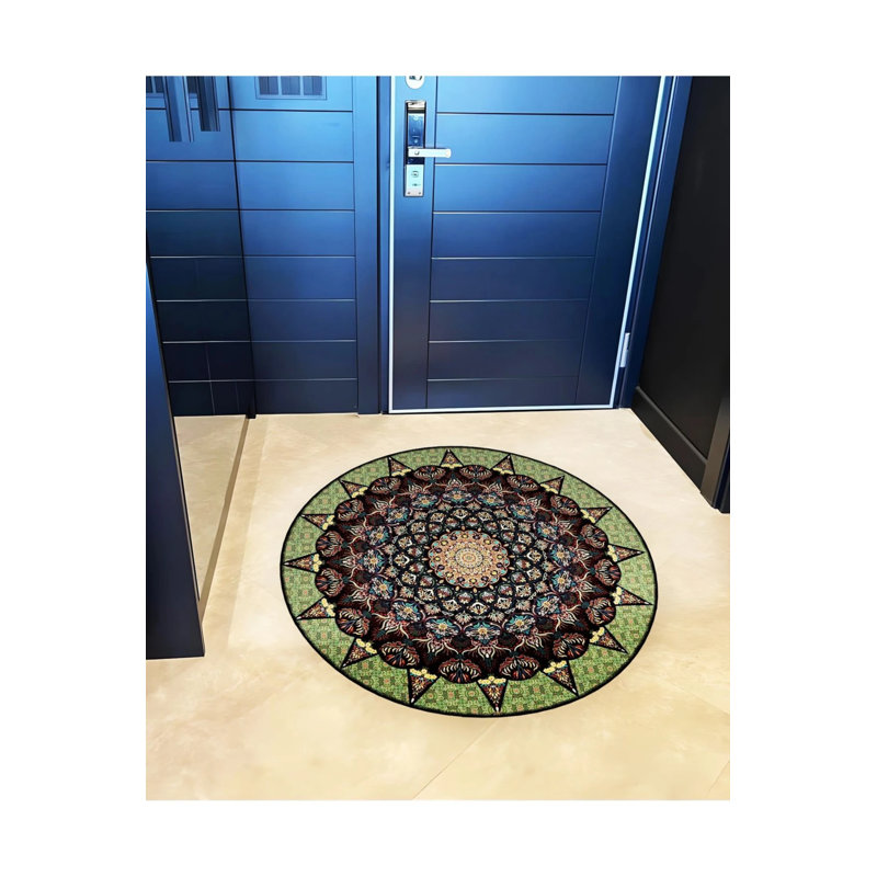 Multicolored Antique Woven Base Modern Decorative Carpet With Green Details, Round 4'