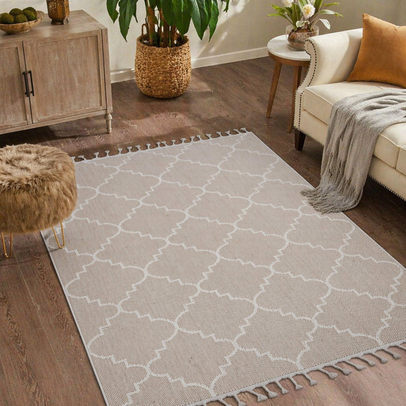 6X9 Trellis Indoor Outdoor Area Rug, Ivory, Rectangle 6'7" x 7'9"