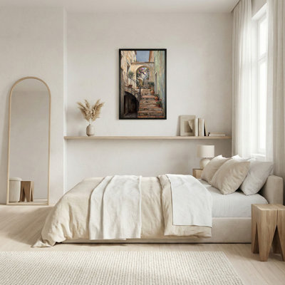 Stone Staircase with Arches and Flower Pots Canvas Wall Art
