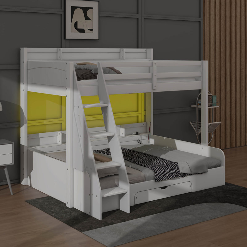Twin Over Full Bunk Bed With Charging Station And Drawer, White
