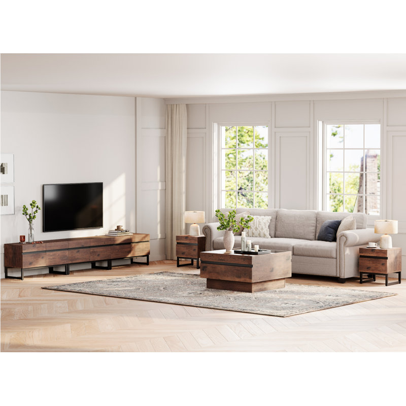 Latitude Run Living Room Table Sets Of 4, 106 Inch TV Stand, 1 Square Coffee Table With Top, 2 End Table With Drawers For Living Room, Entertainment Centre, Console Table