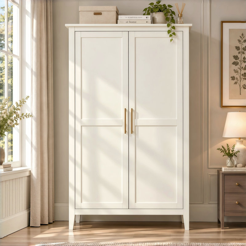 180cm 2 Door Double Wardrobe Clothes Hanging Rail Top Storage Shelf Gold Handles Freestanding Bedroom Armoire Unit, Cream White