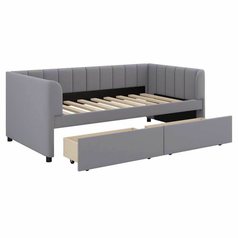 Lit de jour rembourré avec dossier ergonomique et 2 tiroirs, Gris