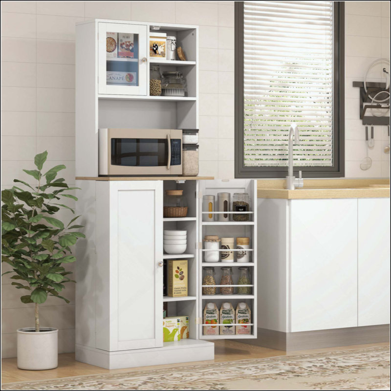 Garde-manger avec support à micro-ondes, armoire de rangement de cuisine autoportante avec huche, 8 tablettes de porte, tablettes réglables, garde-manger pour la salle à manger