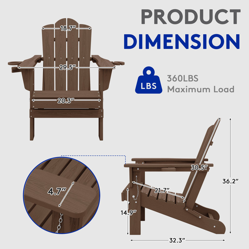 Wolak HDPE Folding Adirondack Chair With Dual Cup Holder, Brown