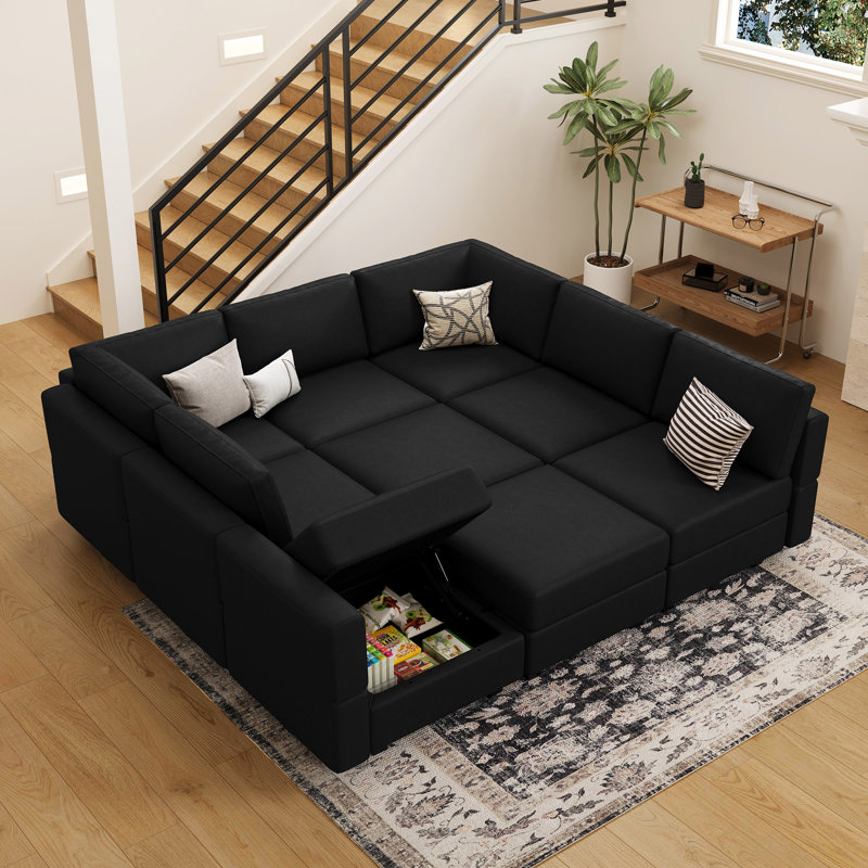 Ancram 9-Seats Large Faux Leather Sofa Bed Sleeper Storage Couch Convertible Memory Foam Modular Sofa Sectional Sofa For Livingroom Bedroom