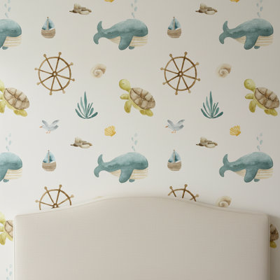 Papier peint marin, tortue baleine
