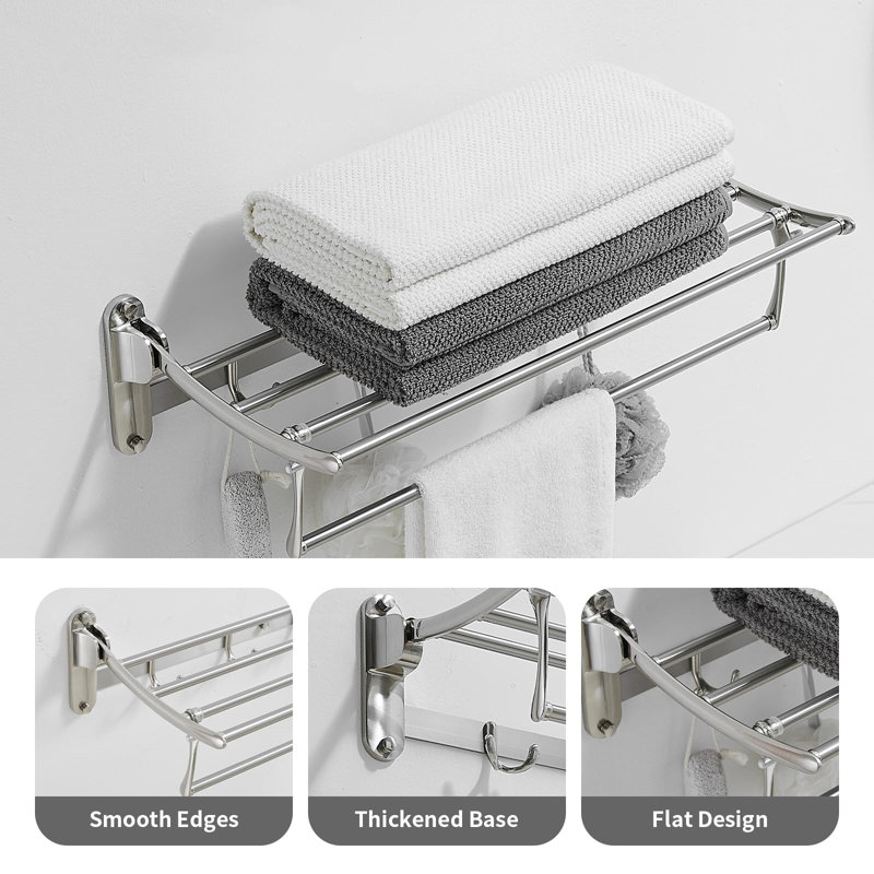 24 Inch Brushed Nickel Wall Mounted Foldable Towel Rack with Hooks