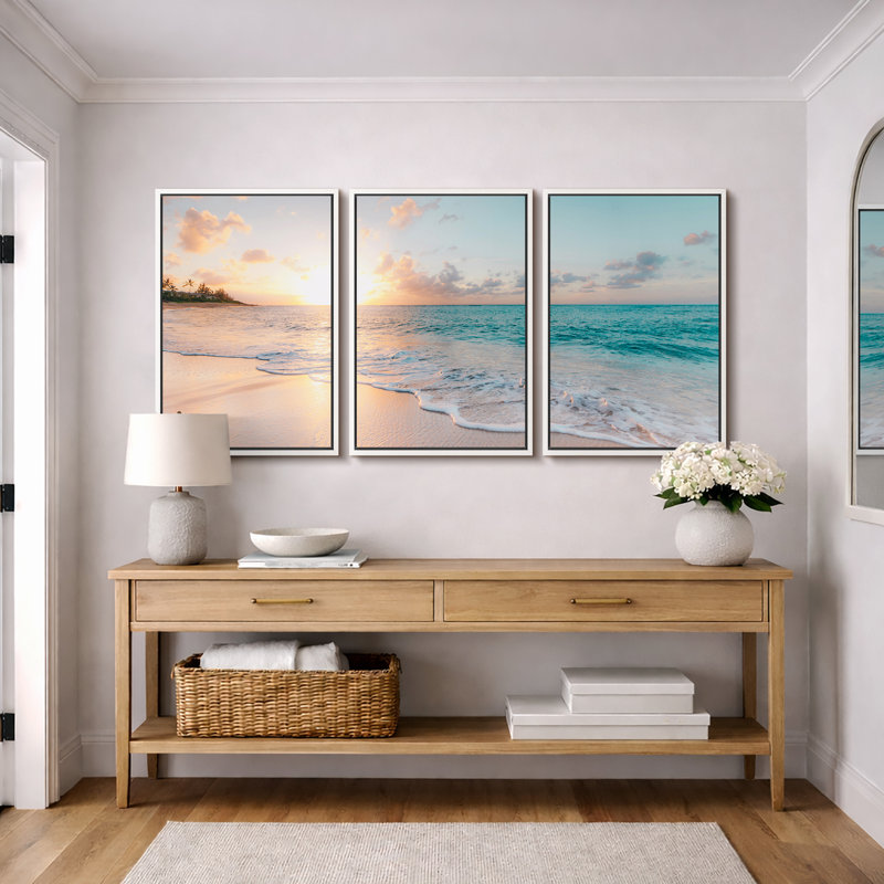 «Coastal Beach», «Esthétique coucher de soleil sur un rivage bleu sarcelle», images murales nautiques modernes et vibrantes, grand ensemble de 3 impressions sur toile encadrées, 16 po x 24 po x 3 pièces, 24 po x 36 po x 3 pièces, 20 po x 60 po x 3