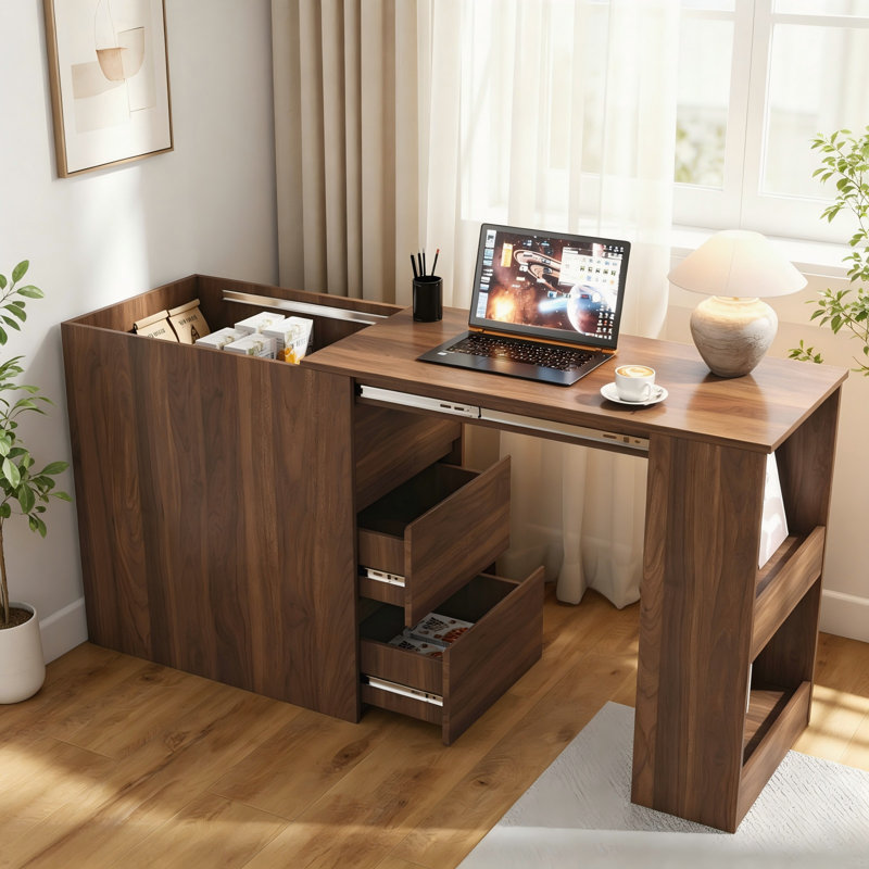 Modern Corner Computer Desk with Drawers & Extendable Tabletop, Home Office Writing Study Workstation with Storage