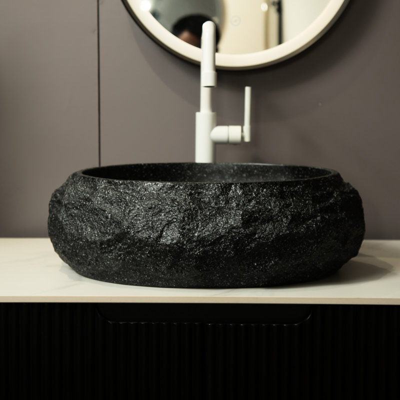 Lavabo de salle de bain 18 po, bassin ovale irrégulier en résine avec motif de pierre, gris foncé, design artistique, entretien simple, 3 choix de couleurs personnalisées, pas de robinet, bouchon de drain de lavabo sans trou de trop-plein