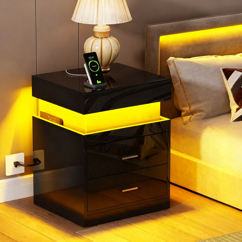 Table de chevet à DEL avec station de charge, table de chevet intelligente avec rangement coulissant, table de chevet ultrabrillante à 2 tiroirs, table de bout moderne pour la chambre à coucher (noir)