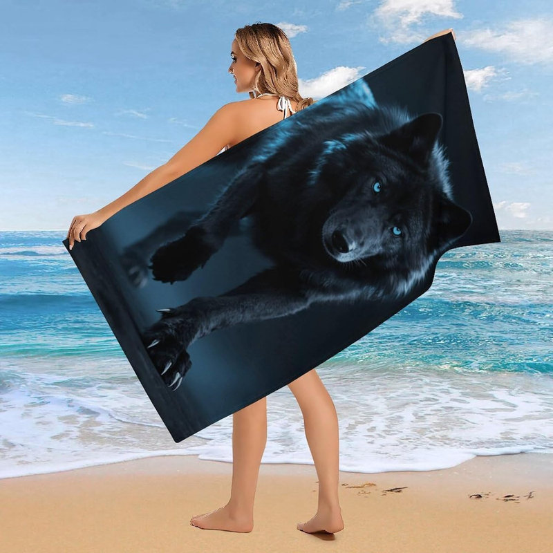Serviette de plage en microfibre à séchage rapide et loup noir cyan, 60 x 80 po