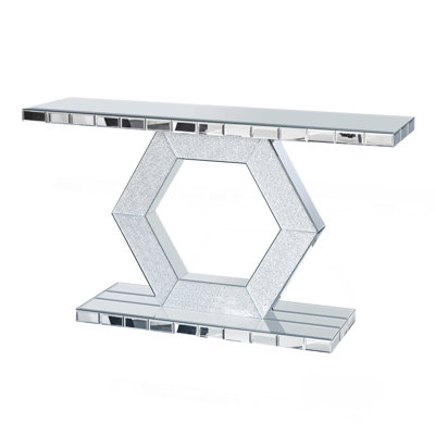 Sparkling Crystal Hexagon Mirror Entryway - Premium Modern Foyer Console Table With Diamond Glass Effects, Dual-Tier Luxury Sofa Table (55"L X14.17"W * 31.5''H)