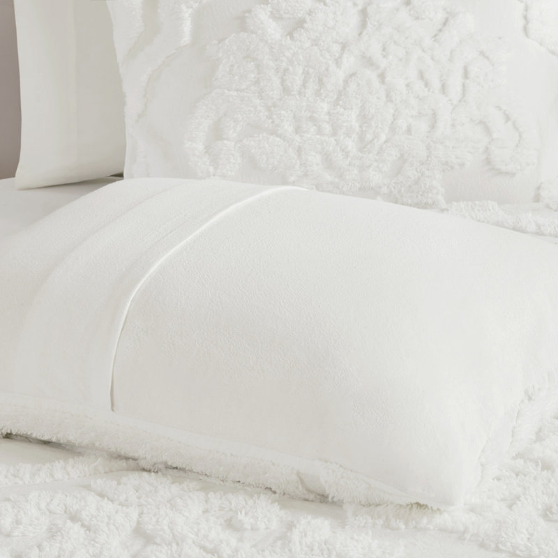 Ensemble d'édredon damassé 3 pièces capitonné, Édredon pour grand lit + 2 taies décoratives, Damas blanc cassé