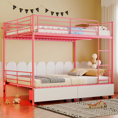 Lit superposé avec station de charge USB, capable de se séparer, lit superposé en métal, espace de rangement, lit avec barrière de sécurité et échelles, aucun sommier nécessaire
Rose