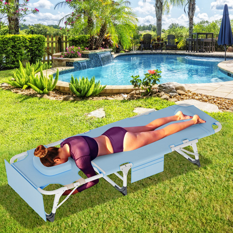 Chaise de plage pliante avec 5 positions réglables, trou, coussin et coussin à 2 côtés, sangles de transport, Bleu