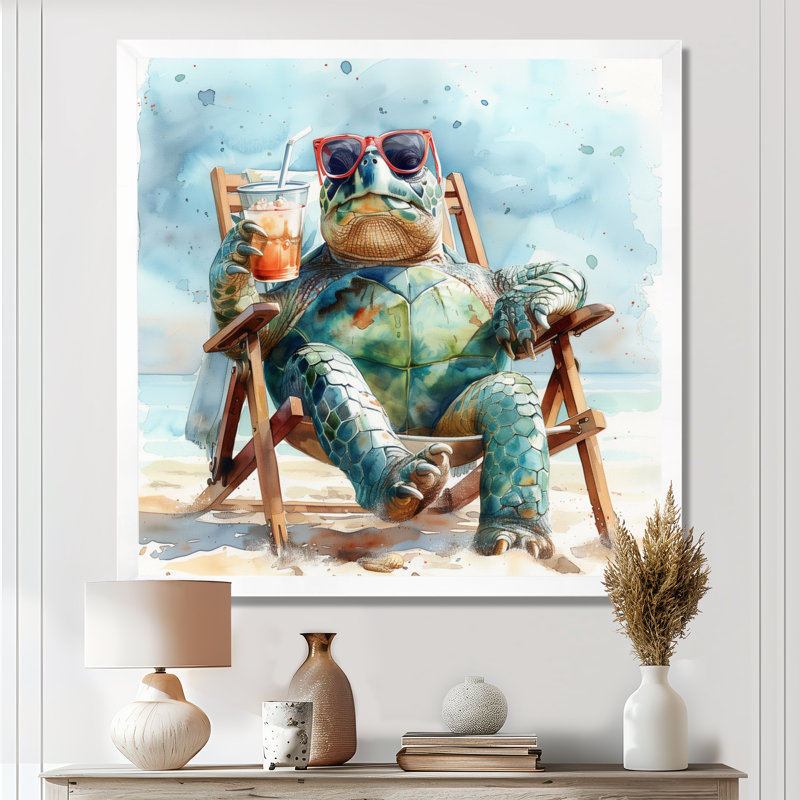 Turtle Beach Day In The Sun I - décoration murale animaux côtiers, Toile encadrée blanche avec une seule photo