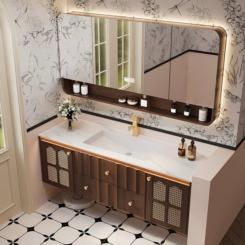 Meuble-lavabo en bois d'hévéa avec comptoir en pierre frittée, lavabo en céramique intégré et armoire à miroir intelligent