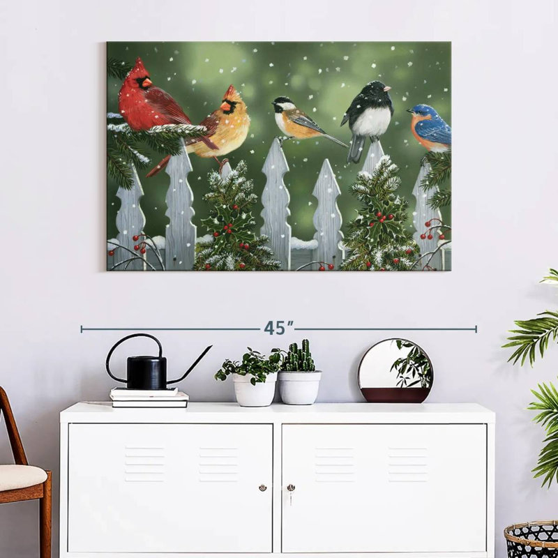 Oiseaux d'hiver sur une clôture enneigée, H 26 po x l 39 po