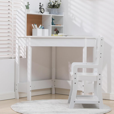 Kids Study Desk and Chair Set – Corner Wooden Homework Table with Hutch, Adjustable Chair, Cork Board & Storage by Harriet Bee