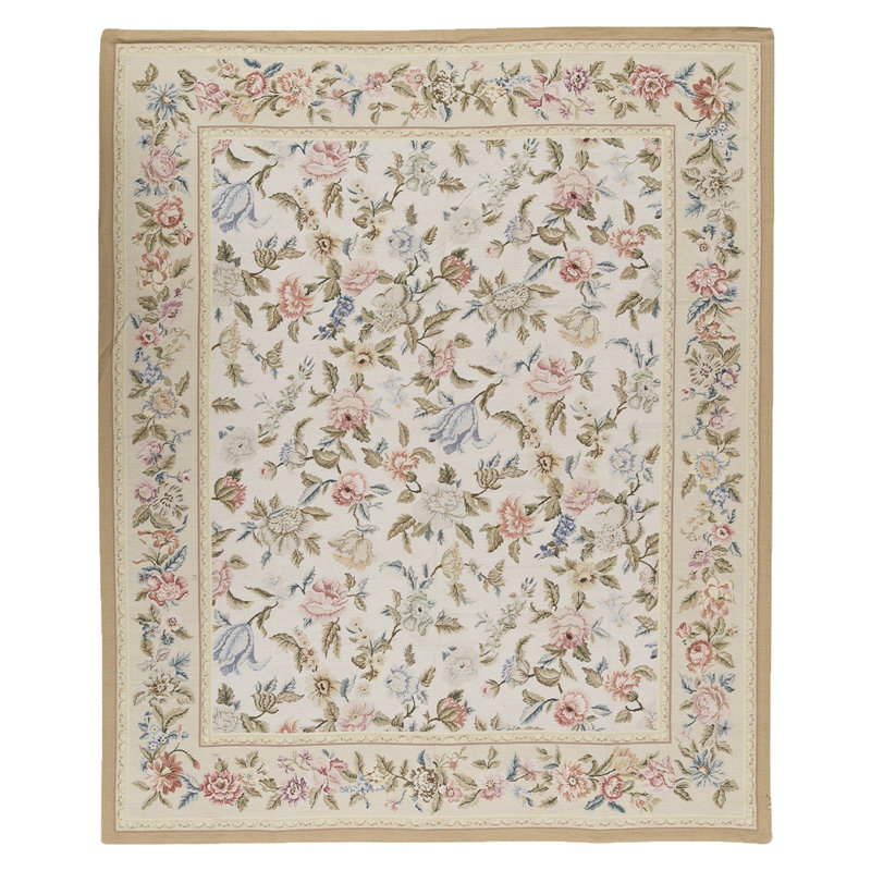Tapis unique noué à la main beige / rose / vert de haute qualité