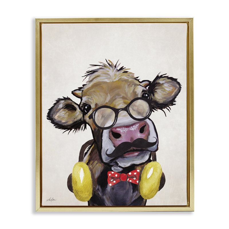 Hipster Cow & Headphones, Cadre flottant métallique doré, H 31 po x l 25 po