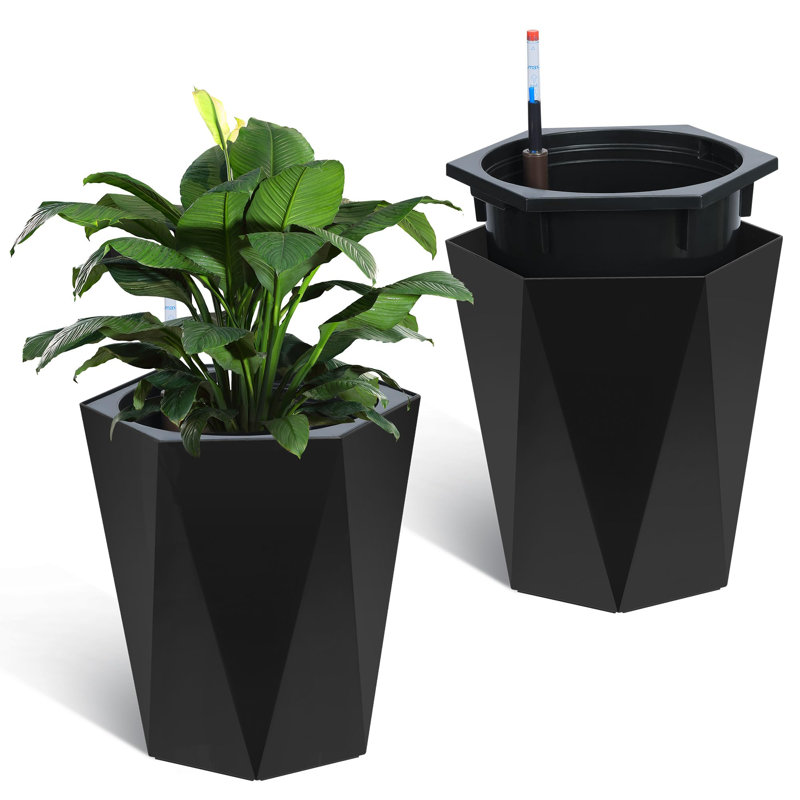 22.4 Inch 2PCS Black Tall Tapered PlantersLarge Indoor Outdoor Flower Pots with Wheels Water Level Monitor & Trays for Patio Balcony Lounge
