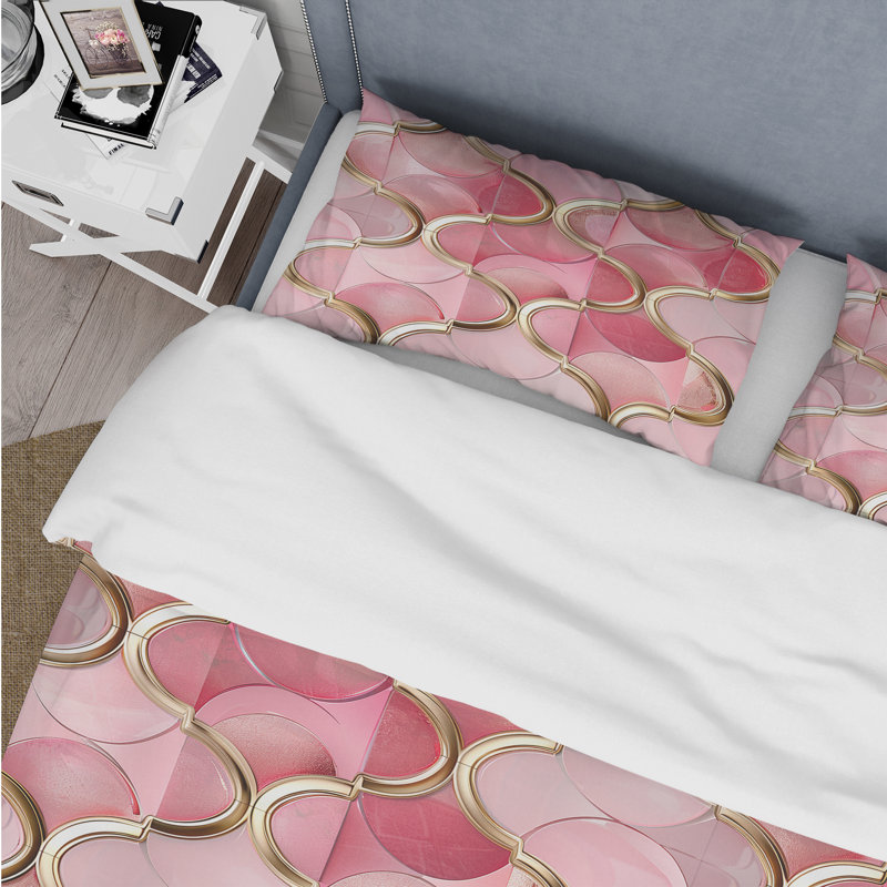 Ensemble de housse de couette rose doré à motif de quadrilobe glamour II, Housse de couette pour grand lit + 2 taies décora