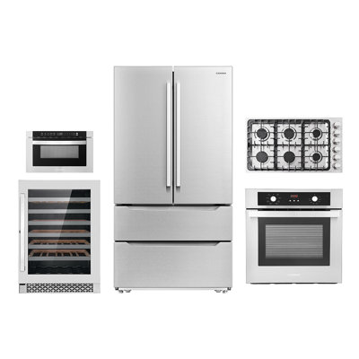 Cosmo 5 Piece Kitchen Appliance Package with French Door Refrigerator 30'' Cooktop Microwave Drawer