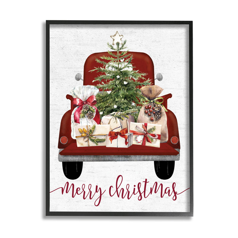 Merry Christmas Holiday Presents by Lettered And Lined - Print on Wood, 14" H x 11" W x 1.5" D, Midnight Black Framed Giclee