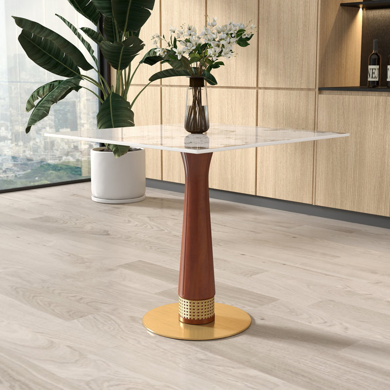 Petite table de conférence carrée moderne en pierre frittée avec base en bois massif, Beige