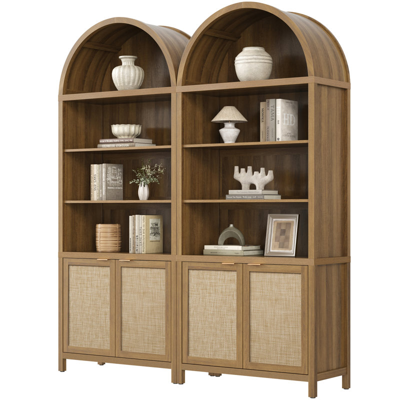 84.25''H Rattan Arched Bookcase With Adjustable Shelf, Caramel Oak