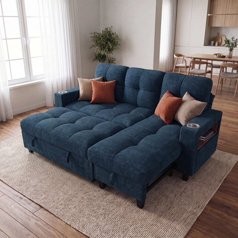 Canapé-lit modulaire en chenille 83 po avec méridienne réversible 83 po, accoudoir de rangement et ports de recharge, bleu