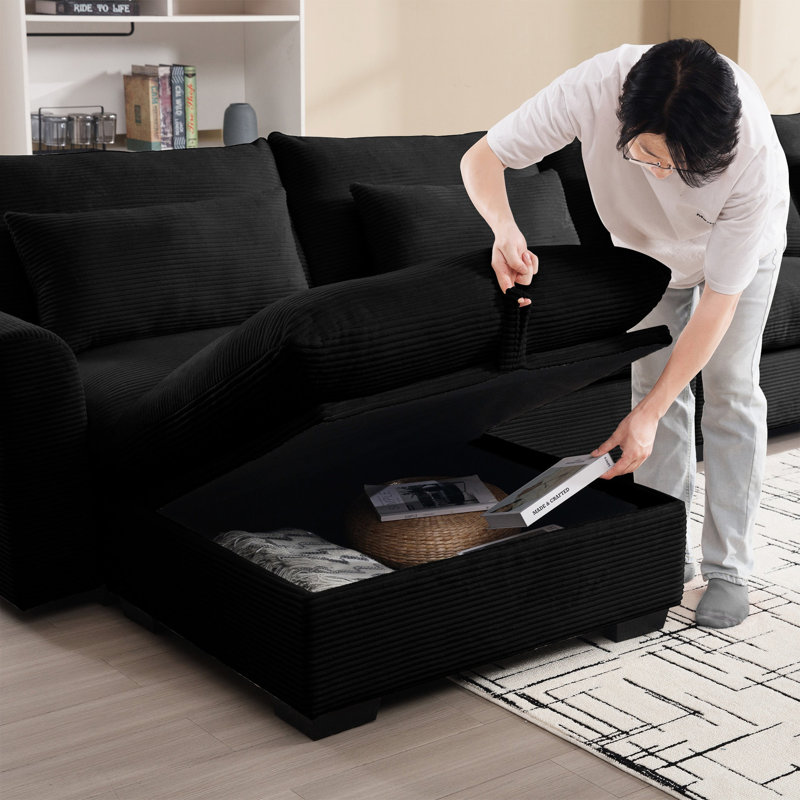 Grand velours côtelé noir en forme de L avec 4 coussins de taille et repose-pieds avec rangement, siège profond pour coussins de détente, bonheur