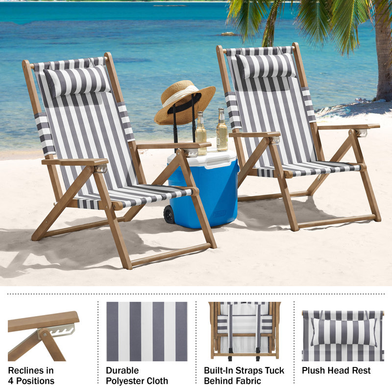 Set of 2 Beach Chairs - Outdoor Weather-Resistant Wood Folding Chairs with Carry Straps and Reclining Seat - Beach Essentials by Lavish Home (Gray)