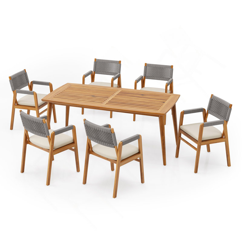 Ensemble repas d'extérieur 7 pièces en bois d'acacia avec fauteuils tissés à la corde, Gris