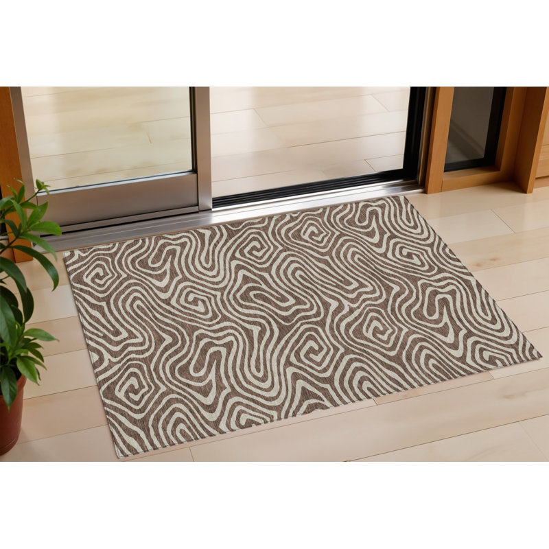 3' X 5' Brown And Beige Abstract Washable Indoor Outdoor Area Rug