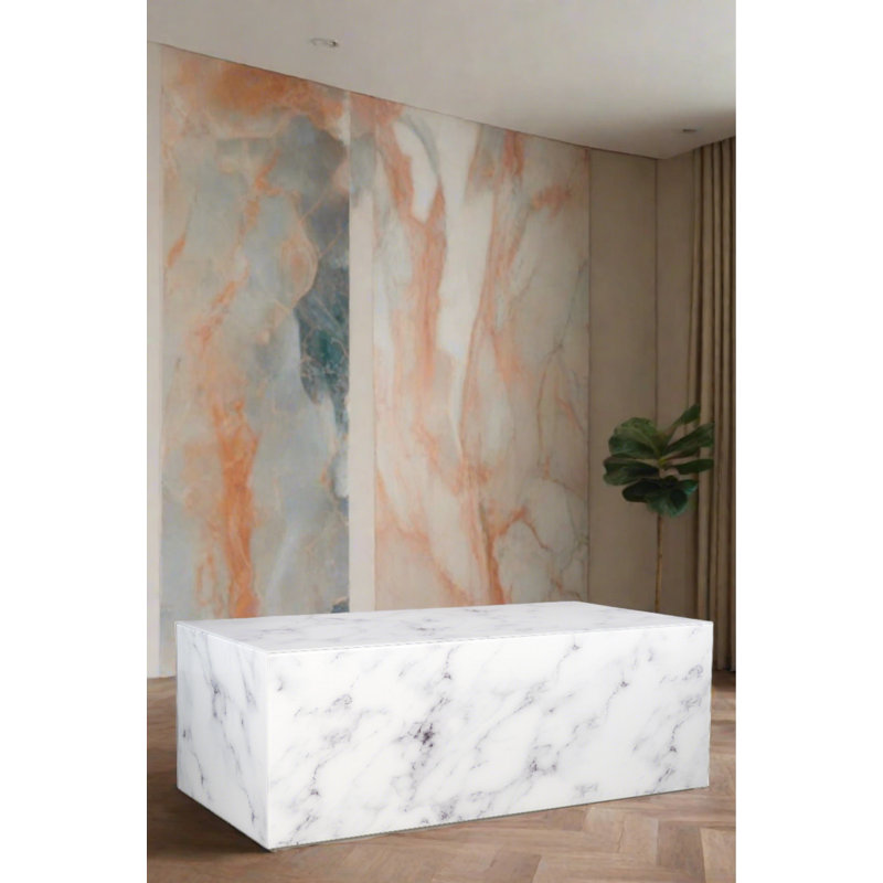 Huitt Solid Faux Marble Coffee Table – White Block Design with Printed Glass Design, 50" Modern Living Room Table, White