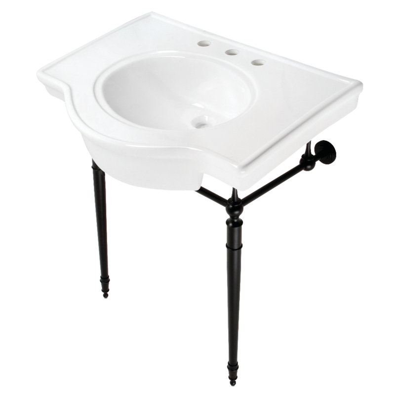 Kingston Brass Edwardian 31-Inch Ceramic Console Sink with Brass Legs (8-Inch, 3-Hole), Matte Black