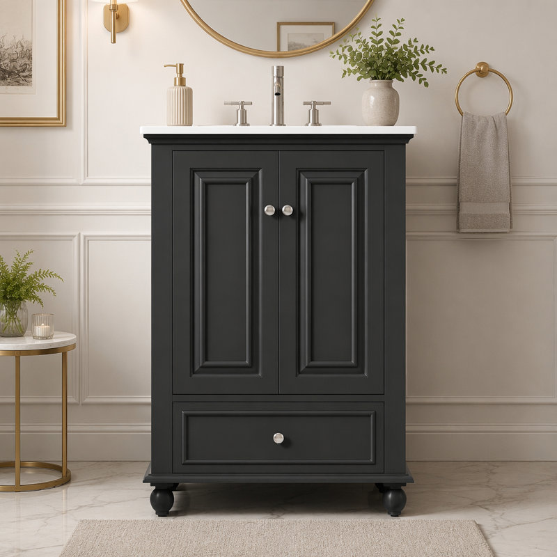  Meuble-lavabo rétro français sculpté avec lavabo en céramique brillante, armoire de rangement à fermeture en douceur avec tablette réglable et tiroir divisé, meuble-lavabo à pieds en bois massif