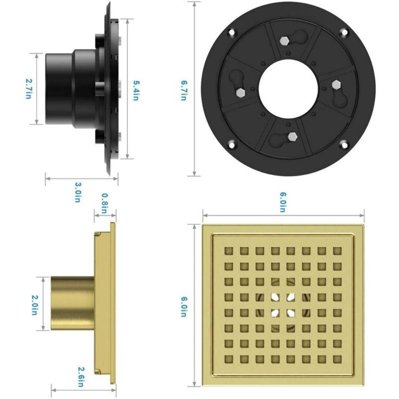 6" Classic Square Shower Floor Drain, Gold