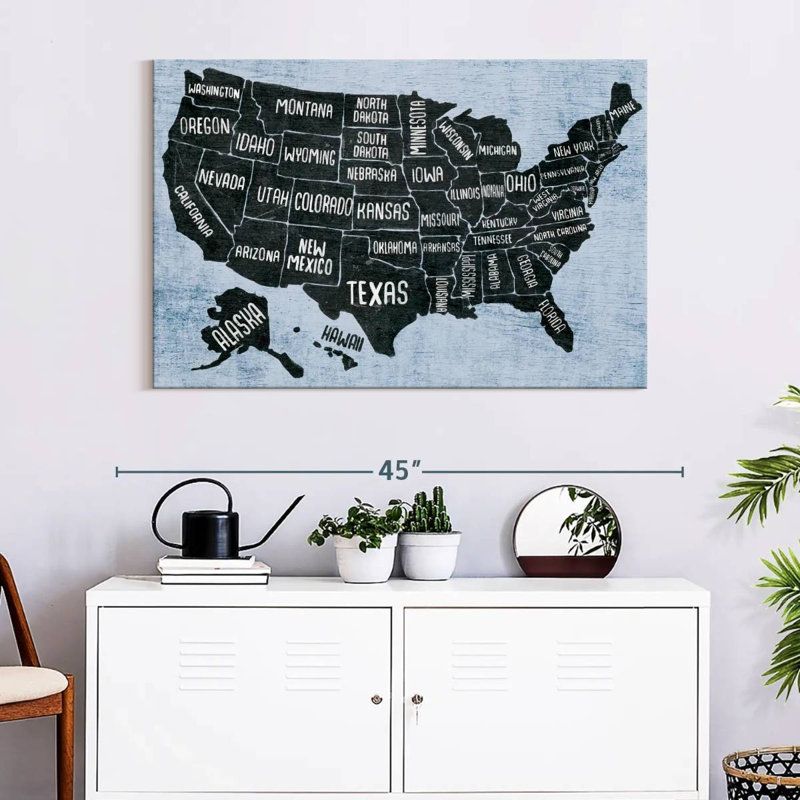 Keiri BW States USA Map, 26" H x 39" W