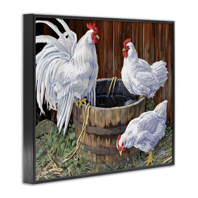 «Chatting At Watercooler Chickens», art de la giclée encadrée, design par Joseph Burgess