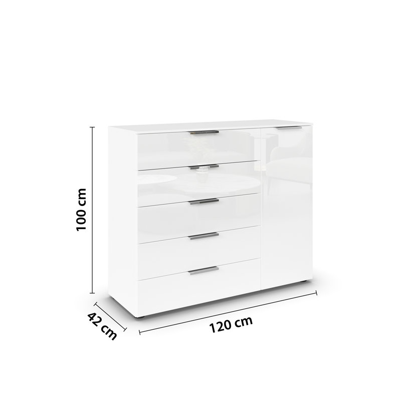 Flipp 5 - Drawer Chest of Drawers, Alpine White/White Glass/Chrome