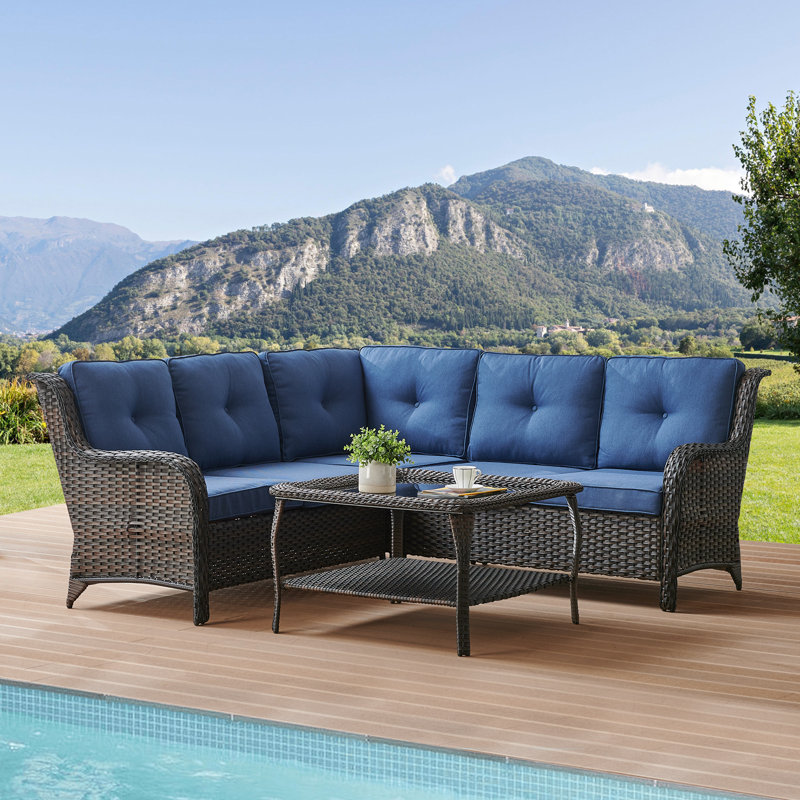 Tonry 88'' Wide Rectangle Wicker Patio Sofa with Cushions, Navy, Brown